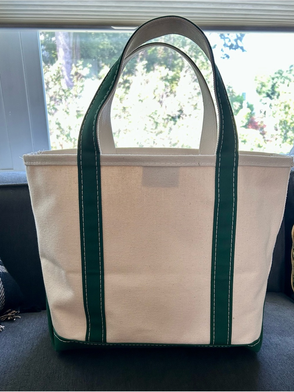 L.L. Bean Medium Cream Canvas Tote with Green Trim -New - Picture 2 of 5